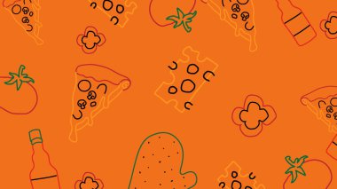 Dilimler, domates, sos şişesi ve eldiven içeren turuncu pizza arka planı temiz, renkli fast food tarzı..