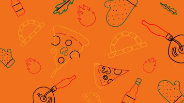 Pizza, acı biber, ateş ikonları ve fırın eldivenleri sıcak ve baharatlı pizza anlarını kutlamak için dinamik bir portakal çizimi oluşturur..