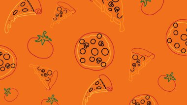 Eğlenceli pizza dilimleri ve domatesler kalın turuncu bir zemin üzerinde eğlenceli bir yemek temalı tasarım yaratıyor pizzacılar ve atıştırmalık görseller için ideal..