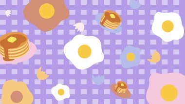 Keyifli kahvaltı görselleri için krep, sahanda yumurta ve çiçeğe benzeyen yemek şekilleriyle dolu mor çizgili arka plan..