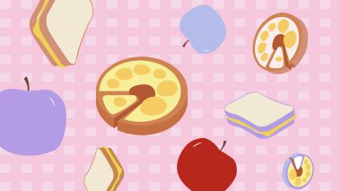 Taze ve renkli kahvaltı tabağı için sosisli, domatesli ve yapraklı sebzeli mor ekoseli arka plan..