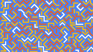 Beyaz üzerine parlak pembe ve sarı soyut çizgiler ve tekrarlanan zikzak hareketleri. Pop-temalı yaratıcı grafikler ve dekorlar için canlı bir görsel..