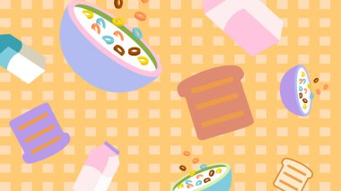 Açık mavi kareli kruvasan, sıcak kahve fincanı ve konforlu kahvaltı temalı renkli cam bardak..