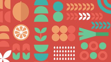 Soyut narenciye dilimleri, pırasa sapları, tohumlar ve geometrik tarım elementleriyle modern bir sebze illüstrasyonunda yapraklarla kırmızı zemin.