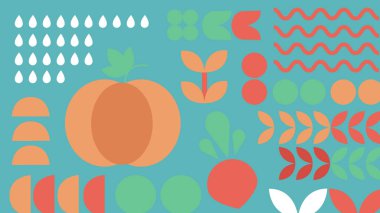 Kabak, turp, yapraklar ve tohumlarla dolu parlak mavi arkaplan modern, soyut çiftlik tarzı görsel kompozisyonda.