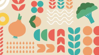 Şekil verilmiş soğan, brokoli ve renkli bitki sembolleriyle bej arkaplan..