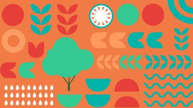 Ağaç, domates dilimi, yapraklar, tohumlar ve soyut bahçe tasarımında ürün esinlenilmiş unsurlarla portakal arkaplanı..