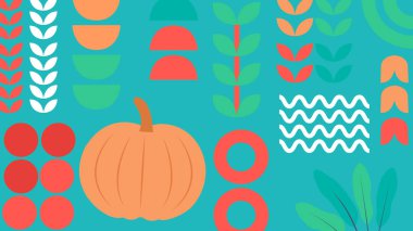 Mavi arka planda soyut balkabakları, yapraklar ve renkli tarım şekilleri canlı bitki tabanlı görsellere sahip cesur düz bir tarzda.