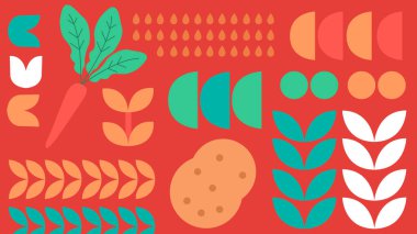 Kırmızı zemin, soyut havuç, patates, yaprak ve geometrik ekin şekillerinin renkli ve modern gıda konseptiyle çizilmiş..