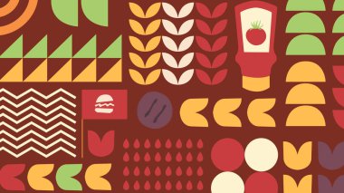 Hamburger kutusu, spatula, domates ve sıcak turuncu-kırmızı desenli malzemelerle fast food konsepti teslimat veya paket servisi için ideal..