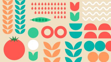 Kalın domates, bezelye ve yaprak şekilleriyle bej arkaplan. Düz modern tarzda canlı gıda ve tarım sembolleriyle harmanlanmış..