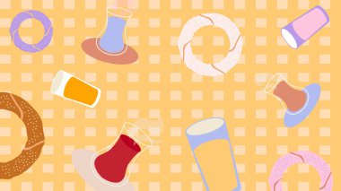 Oyuncak peynir kamaları, sos kepçeleri, köfteler ve renkli süt içerikli kahvaltı öğeleriyle pembe kareli fon..