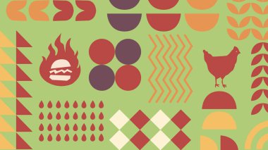 Yumuşak bej arka planda alevler, daireler ve polo gömlekli bir ızgara tasviri, barbekü ya da barbekü temasını yansıtıyor.