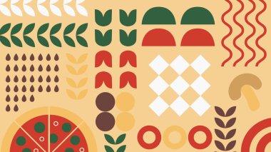 Pizza malzemeleriyle, sebzelerle ve yumuşak tonlarda ızgara bazlı malzeme tasarımlarıyla grafiksel bir düzen. Yemek menüleri ve İtalyan mutfağı için ideal..