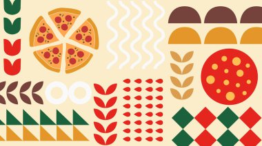 Pizza dilimleri, malzemeler ve krema üzerine koyu simgelerle dekoratif bir görüntü. Menü düzeni, yiyecek markalaşması ve raster çizimleri için harika..