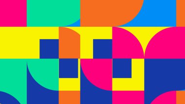 Cesur birincil renklere sahip canlı geometrik şekiller ve modern dijital tasarım kavramları için temiz simetri. Yaratıcı markalaşma ve minimalist estetik için mükemmel..