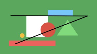 Yeşil, sarı, pembe ve maviyle geometrik şekilli soyut kırmızı arkaplan üç dinamik siyah çizgi ile kesişiyor..