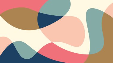 Krema, mavi, mercan ve kahverengi tonlarda üst üste binen yumuşak şekillerin soyut bileşimi akışkan hareketlerle sakin ve zarif bir görüntü oluşturur..