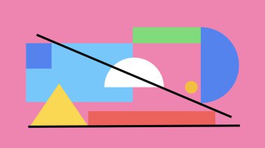 Beyaz üçgen ile kalın geometrik bileşim, yeşil dikdörtgen, ve sarı arkaplan üzerinde siyah çizgiler ile kesişen pembe ve mavi daireler.