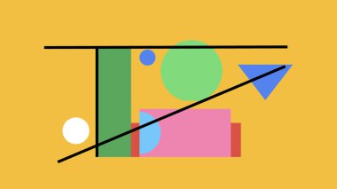 Yığılmış yeşil, kırmızı ve sarı şekilli parlak mavi arkaplan ve renkli soyut bir düzende kesişen siyah çizgiler.