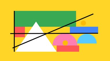 Yeşil, pembe ve mavi geometrik şekillere sahip dinamik bileşim altın sarısı arka planda kesişen siyah çizgilerle dengelenir..