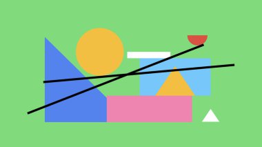 Parlak mavi bir zemin üzerinde siyah çizgilerle kaplı yarım daire, üçgen ve birden fazla bloklu temiz ve cesur bir tasarım..