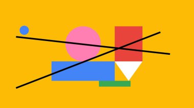 Taze yeşil arka plan üçgenler, daireler ve soyut bloklar içeren mavi, pembe ve sarı keskin siyah çizgiler..