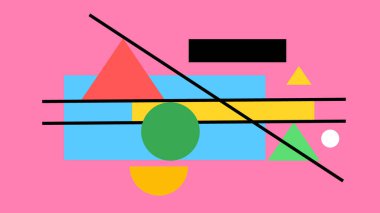 Kesişen siyah çizgiler, renkli üçgenler, daireler ve düz Bauhaus 'tan esinlenilmiş dikdörtgenler içeren soyut pembe arkaplan.