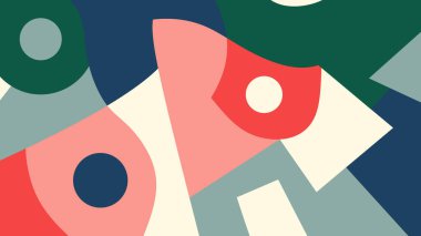 Dairesel ve geometrik elementlerin güçlü bir karışımı ile dengeli bir soyut tasarım canlı retro tonlarda, posterler veya dijital projeler için uygun.