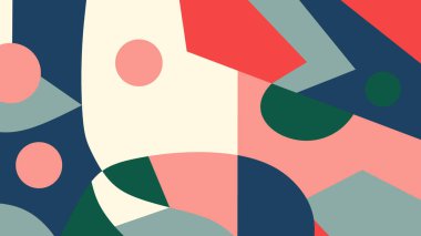 Üst üste binen şekiller ve kalın dairesel elementlerle harmonik sıcak ve serin tonların karışımı, yaratıcı kullanım için mükemmel..