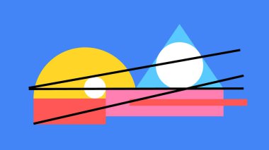 Pembe çember, mavi kare ve köşegen siyah çizgilerle kesişen kırmızı üçgen elementleri içeren turuncu arkaplan..