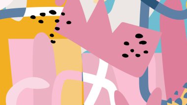 Parlak pembe ve sarı soyut karalamalar, akan çizgiler ve neşeli bir şekil, enerjik ve neşeli bir tasarım yaratıyor..