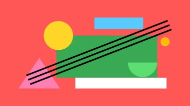 Üst üste binen üçgenler, dikdörtgenler ve pembe zemin üzerinde kesişen siyah çizgilerle kalın renklerde daireler çizerek çağdaş görsel..