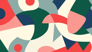 Kalın ve modern tasarım geometrik formlar, yay ve açılar katmanlı bir kolaj tarzı üzerinde retro renk tonlarında yer alır..