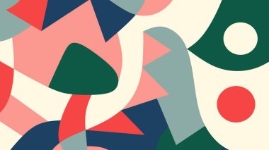 Kalın renklerde dairesel ve açısal geometrik şekillerin soyut bileşimi, dinamik hareket ve şık ahenkle katmanlanmış..