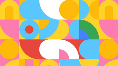 Mavi, kırmızı, sarı ve yeşil renkli dairesel ve kıvrımlı şekillerin sanatsal karışımı, neşeli, modern bir tasarım sunuyor..