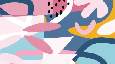 Üst üste binen renk şekilleriyle soyut illüstrasyon ve pastel ve kalın tonlarda eğlenceli serbest biçim eğrileri.