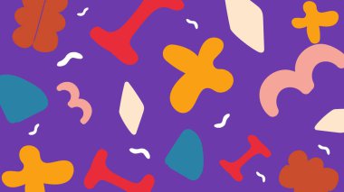 Parlak mor bir tuvalin üzerinde turuncu, krem, mavi ve kırmızı renkte soyut şekiller. Yaratıcı ifade için dinamik ve modern bir görsel.