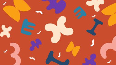 Kremalı, mor, mavi, sarı ve pembe renkli, kırmızı-turuncu tabanlı karalamalar. Kaprisli ve genç modern sanat tarzı.