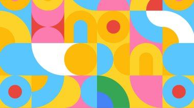 Sıcak sarılar, yumuşak pembeler ve yuvarlak hareketli koyu mavi ve kırmızı şekiller ve modern retro enerji kullanan oyuncu soyut şebeke..