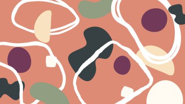 Beyaz karalamalı şeftali turuncu tabanlı erik, krema, zeytin ve siyah damlalar. Yumuşak ve eğlenceli çağdaş bir görsel.