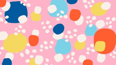 Pembe üzerine sıcak ve yumuşak renklerde soyut kabarcıklar, çocuksu özgürlük ve doğallık yayıyor. Modern, düz bir tarzda..