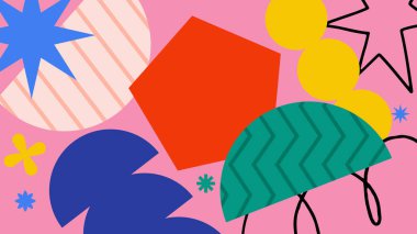 Pembe ve kırmızı karalamalı soyut sarı arkaplan, yuvarlak lekeler, ve oyuncu ve yaratıcı bir şekilde anlamlı grafik elementler.