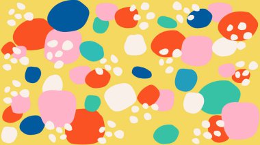 Soyut oyuncu noktalar ve şekiller sarı üzerine dağılmış, parlak tonlarla ve çocuksu yaratıcılıkla tuhaf tasarımlar için mükemmel.