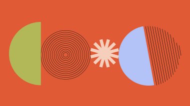 Yeşil, kırmızı ve mavi yarı dairelerin görsel dengesi eşmerkezli ve ışık saçan çizgi sanatı. Tasarım kompozisyonları ve sanat posterleri için Retro-modern karışım ideal.