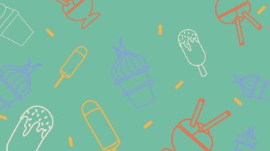 Nane yeşili arka planda koni, dondurma ve turuncu, mor ve beyaz buzlu şekerlerden oluşan ana hatlı tatlılar. Taze ve modern bir tatlı düzeni.