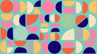 Kavisli şekiller, spiraller ve turkuaz tuval üzerinde parlak zıt renkler ile neşeli soyut görsel. Dijital sanat, kapak ya da yaratıcı medya arkaplanları için mükemmel.