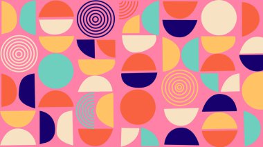 Eğimli şekilleri, girdapları ve pembe arkaplanı olan eğlenceli geometrik sanat. Sanatsal ve dekoratif grafik projeler için parlak ve modern görsel mükemmel.
