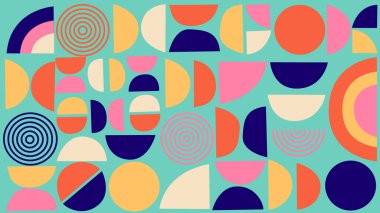 Renkli dairesel biçimlere sahip soyut dijital sanat ve turkuaz bir tuval üzerinde kalın çizgiler. Posterler, web siteleri veya sanatsal düzenler için uygun dinamik ve yaratıcı bir arkaplan.