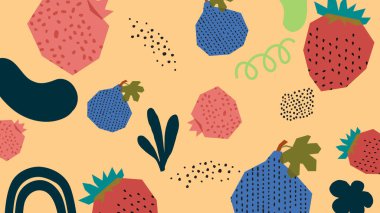 Nar, muz ve böğürtlen gibi renkli tropikal meyveler açık yeşile saçılmıştır. Özet ve taze kompozisyonlar için ideal elle çizilmiş tuhaf elementlere sahip soyut tasarım.